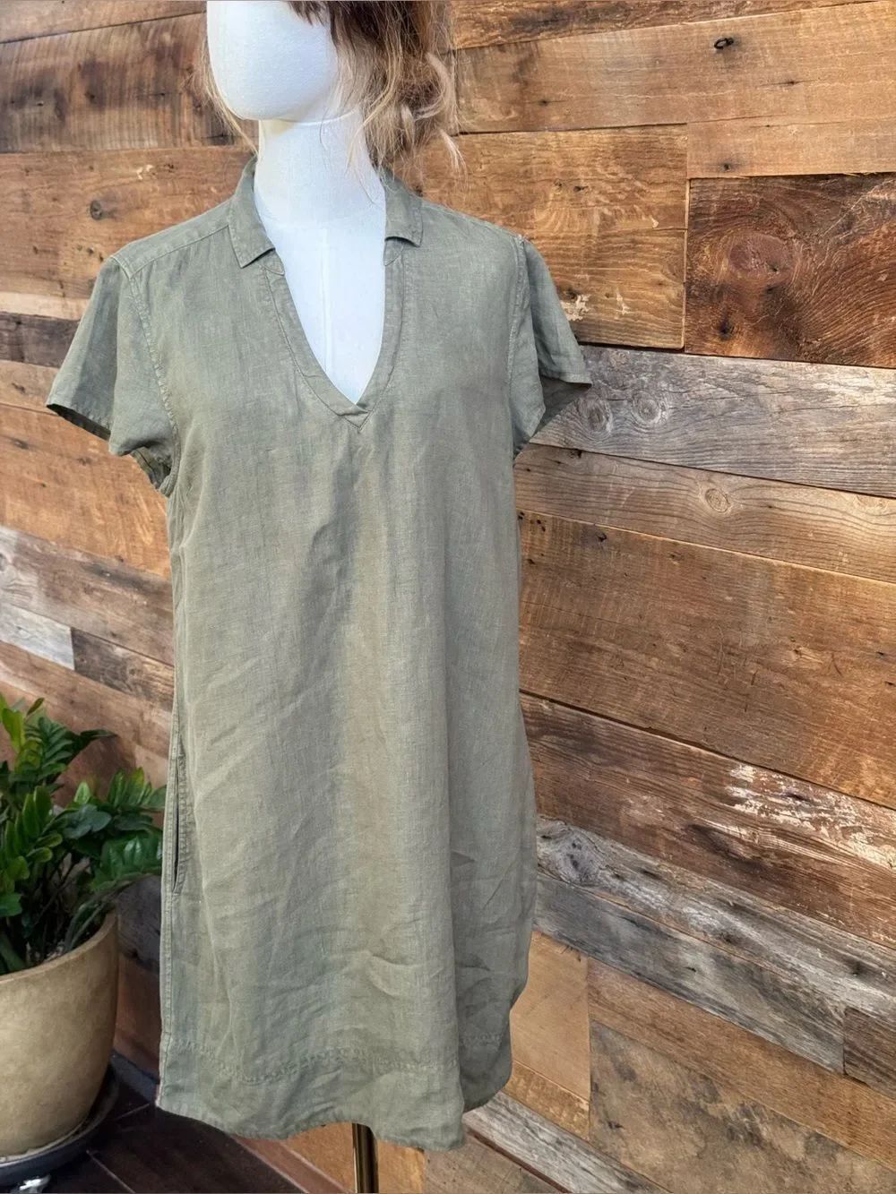 Tommy Bahama Two Palms Short Sleeve Collared Linen Shift Dress Olive Green M